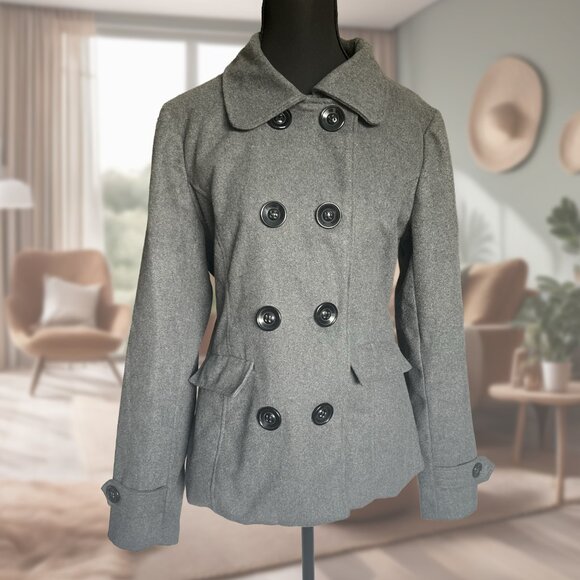 Grey, Lined, Double-Breasted Pea Coat or Driving Coat - Picture 2 of 7